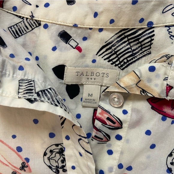 Talbots Paris Print Button Down Blouse Size M Long Sleeve C’est Chic 100%Cotton - Picture 7 of 13